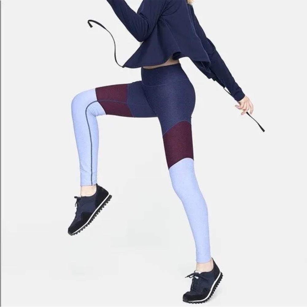OV Outdoor Voices full length springs leggings  tricolor navy/maroon/ light blue